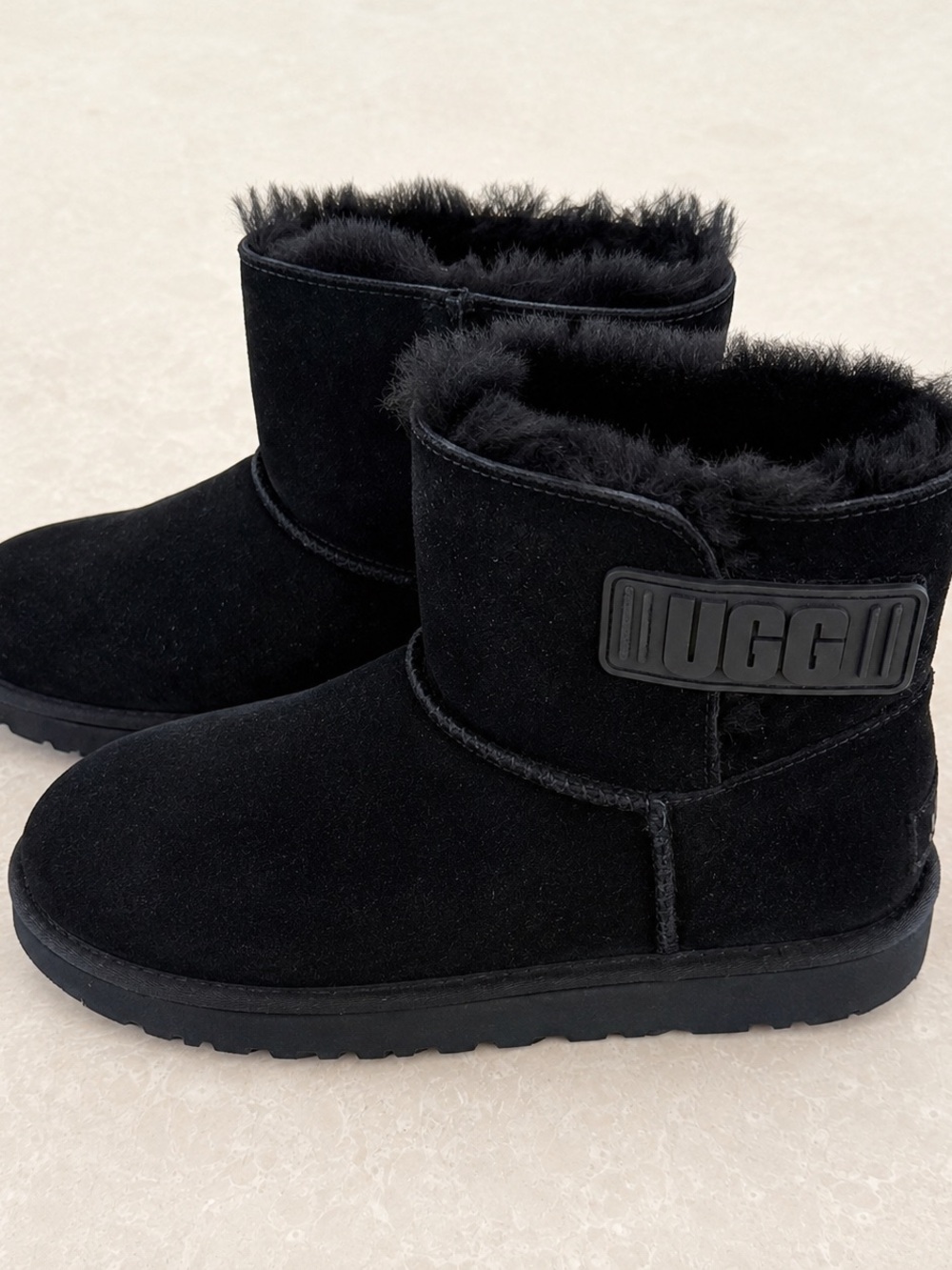 UGG Short Suede Boot with Shearling Trim - Black